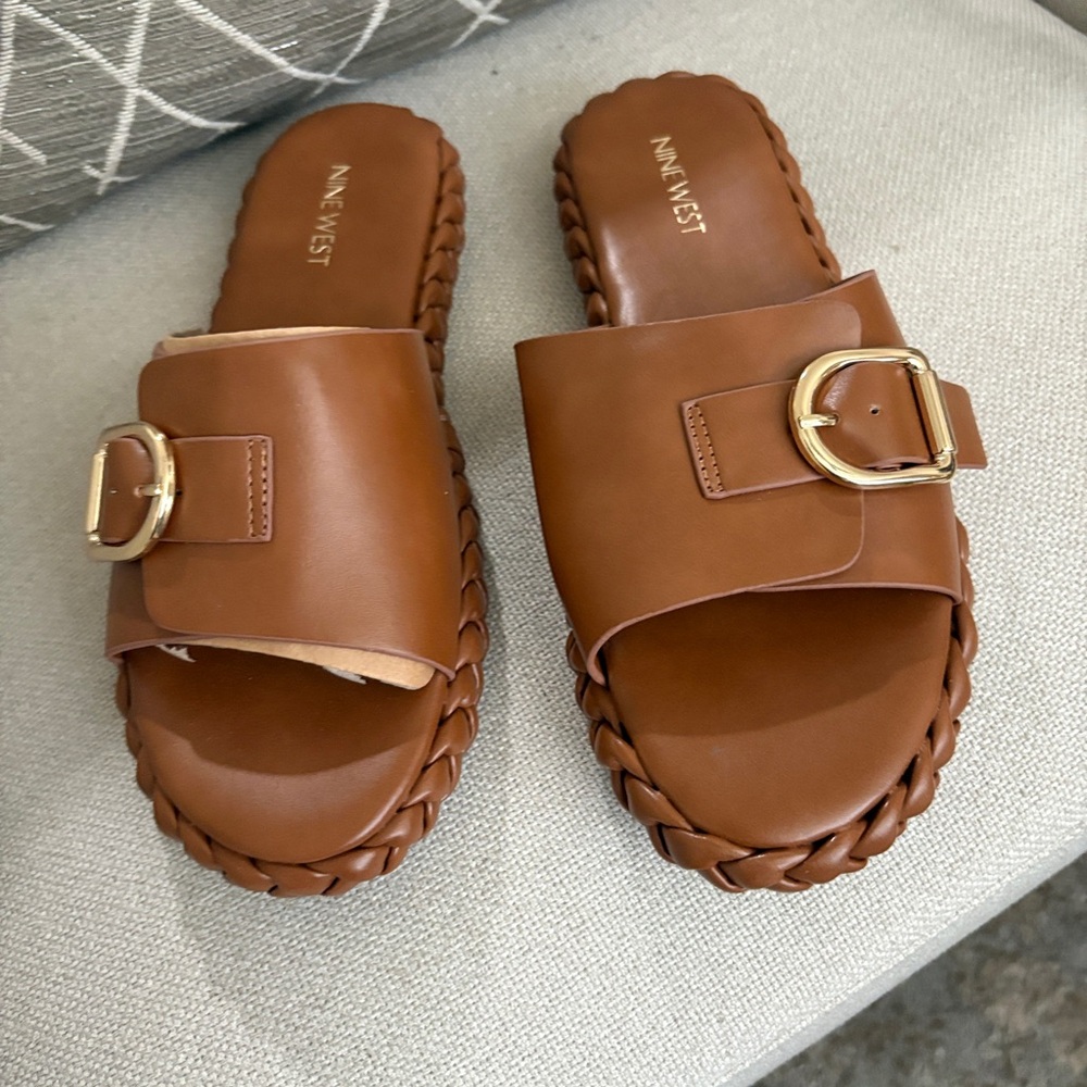 Nine West Tan Sandals with Gold Buckle